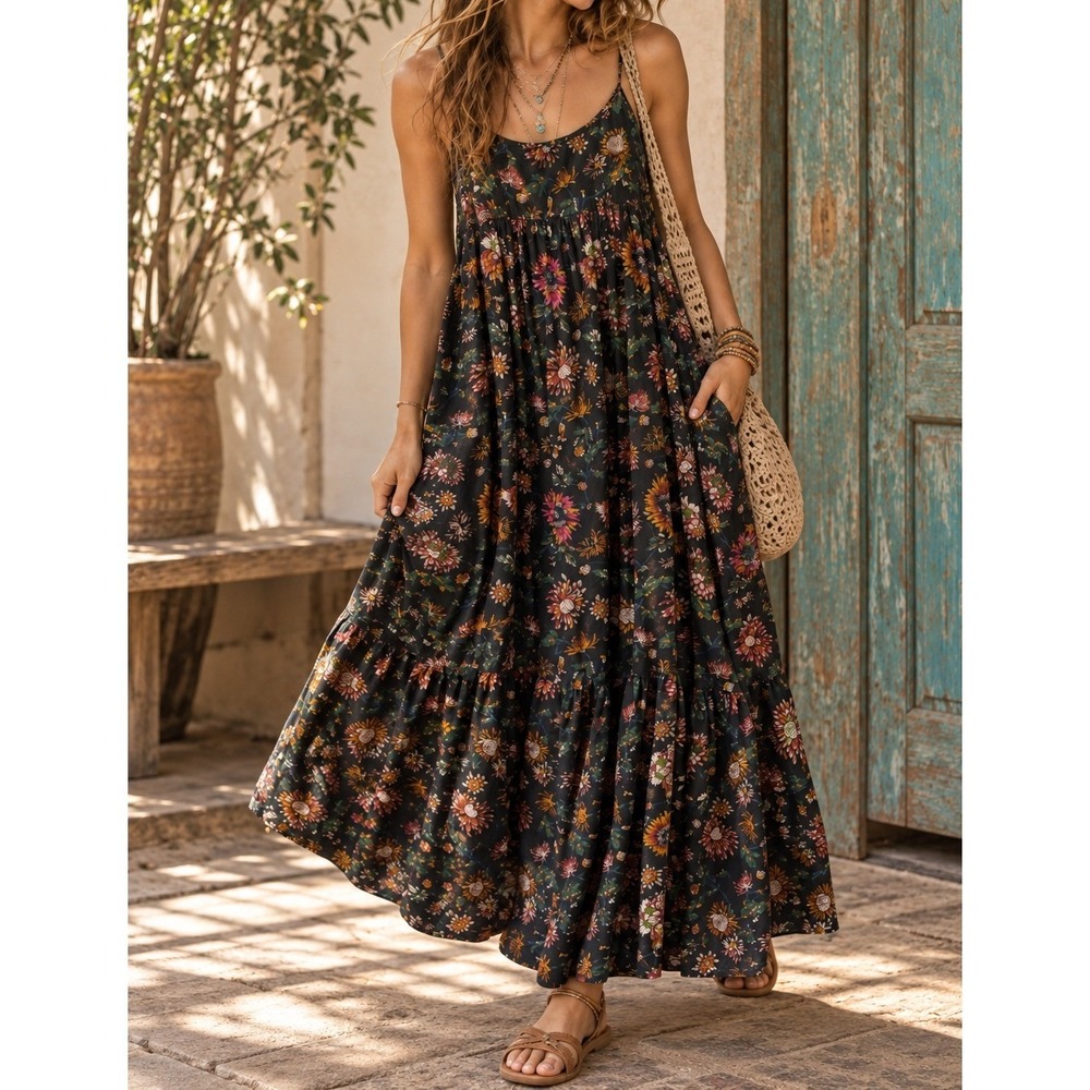 Natural Life Floral Maxi Dress XL Multi Tiered Smocked Boho Spaghetti Straps